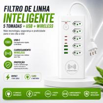 Extensão Filtro de Linha 5 Tomadas com Carregador por Indução 3 USB e USBC Proteção Elétrica Extensão Filtro de Linha 5 Tomadas com Carregador por Indução 3 USB e USBC Proteção Elétrica