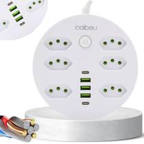 Extensão Filtro de Linha Redondo 6 Tomadas 3 USB-A 2 USB-C Carregamento Rápido Proteção Contra Sobrecarga