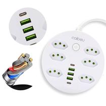 Extensão Filtro de Linha Redondo 6 Tomadas 3 USB-A 2 USB-C Carregamento Rápido Proteção Contra Sobrecarga Extensão Filtro de Linha Redondo 6 Tomadas 3 USB-A 2 USB-C Carregamento Rápido Proteção Contra Sobrecarga