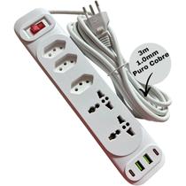Extensão Filtro de Linha Régua Elétrica Bivolt com Tomadas Padrão BRasileiro e Universal Portas USB e TIPO C , Cabo Puro Cobre de 3 metros , 10 A