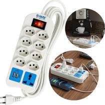 Extensão Profissional Régua 8 Tomadas Com 2 USB 1 Padrão Europeu Proteção Sobrecarga Filtro de Linha Cabo 5M