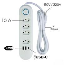 Extensão Régua 4 Tomadas, 2 Portas USB, 1 Porta Tipo-C Filtro de Linha, Bivolt 110/220v Cabo 2 Metro