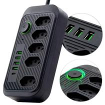 Extensão Régua Elétrica 2 Metros 5 Tomadas 4 Usb 1Usbc Preto
