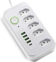 Extensão Tomada, Régua Tomada, Régua de Energia, 5 Tomadas, 4 Interfaces USB, 1 Porta USB Tipo-C, Cabo de Alimentação de