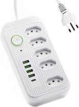 Extensão Tomada, Régua Tomada, Régua de Energia, 5 Tomadas, 4 Interfaces USB, 1 Porta USB Tipo-C Extensão Tomada, Régua Tomada, Régua de Energia, 5 Tomadas, 4 Interfaces USB, 1 Porta USB Tipo-C