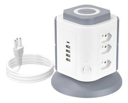 Extensão Torre 9 Tomadas Carregador Sem Fio Type-C Proteção