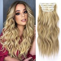 Extensões de cabelo loiro longas e onduladas de 20 polegadas, 4 peças, clipe em extensões de cabelo sintéticas para mulheres, extensões de trama dupla (ombre, marrom acinzentado a loiro descolorido, 8AH613)