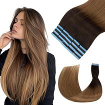 Extensões de cabelo Lveyan Tape em cabelo humano 45 cm, 20 unidades, marrom escuro