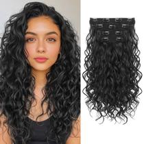 Extensões de cabelo REECHO Curly, clipe de 40 cm em 4 peças de preto natural Extensões de cabelo REECHO Curly, clipe de 40 cm em 4 peças de preto natural