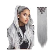 Extensões De Cabelo Sintético Longas E Retas Cinza Prata 7 Peças/Conjunto Grossas Com Clipe