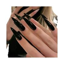 Extra Longo Preto Stiletto Estilo Francês Imprensa Em Unhas 24 Peças Capa Completa Cor Sólida Kit De Extra Longo Preto Stiletto Estilo Francês Imprensa Em Unhas 24 Peças Capa Completa Cor Sólida Kit De