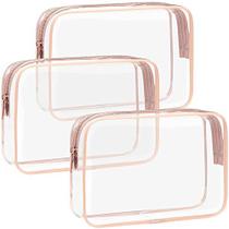F-color TSA Approved Toiletry Bag 3 Pack Clear Toiletry Bags - Clear Makeup Cosmetic Bags for Women Men, Quart Size Travel Bag, Carry on Airport Airline Compliant Bag, Rose Gold