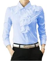 F0101-Blusa Camisa Feminina Branca Preto Social Babado Elegante Evangélica