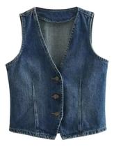 F0503-Colete Feminino Luxo Country Jeans Abotoar Curto Liso M673