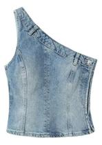 F0512-Blusa Festa Balada Sexy Jeans Liso Ombro Único Luxo Jl254