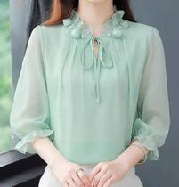 F1607-Camisa Feminina Blusa Social Festa Verde Menta Rosa Bordada Flor Babado Elegante Manga 3/4 F1607-Camisa Feminina Blusa Social Festa Verde Menta Rosa Bordada Flor Babado Elegante Manga 3/4