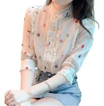 F1806-Camisa Blusa Social Elegante Feminina Estampada Babado 166r