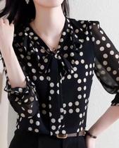 F1811-Camisa Blusa Social Feminina Elegante Poá Laço Chique