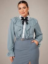 F3404-Camisa Blusa Feminina Social Broche Laço Gravata Babado -