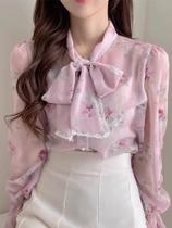 F3407-Camisa Blusa Social Feminina Elegante Renda Floral Laço Rosa