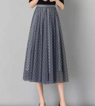 F3702-Saia Feminina Festa Midi Tule Bordado Elegante Luxo Poá