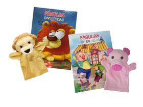 Fábulas Divertidas - 2 Livros + 2 Fantoches Para Crianças - Leão E 3 Porquinhos