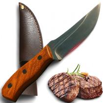 Faca Artesanal Blackwood Aço Inox 21cm Cabo Madeira Bainha Couro Corte Afiado Pesca Churrasco Camping Acampamento Resistente Tático