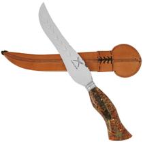 Faca Artesanal Forjada Integral Churrasco Pena Folha Aço Inox 420c Cabo Híbrido Pétalas de Ouro