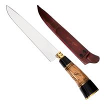 Faca Artesanal Gaúcha Aço Inox 9 Polegadas Com Cabo Chifre De Madeira Curvado Para Churrasco Cozinha Campeira Profissional Com Bainha De Couro