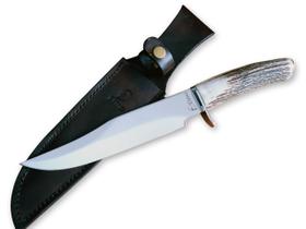 Faca Caça Elmo Bowie Cabo Chifre de Cervo Bainha em Couro Faca Caça Elmo Bowie Cabo Chifre de Cervo Bainha em Couro