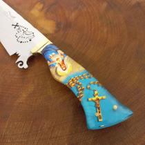 Faca Churrasco Artesanal Nossa Senhora Inox 10p 3mm Vazada Cor do cabo:Verde