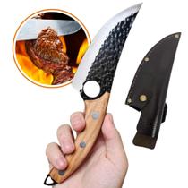 Faca Cutelo Olho De Tigre Cabo Madeira Com Bainha Artesanal Para Churrasco Lamina afiada SLKAF45