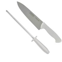 Faca de Carne Chef 8" + Chaira 8" Afiador Amolador Premium Lâmina Aço Inox Cabo Polipropileno Açouqueiro Profissional