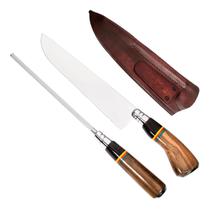 Faca E Chaira Artesanal Gaúcha Em Inox 10 Polegadas Com Cabo De Chifre Madeira E Bainha De Couro Para Churrasco Cozinha Profissional Presente
