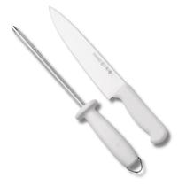 Faca E Chaira Cozinha 8'' Carnes Churrasco Cabo Branca Lamina Inox Corte Mundial