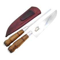 Faca e Chaira para Churrasco Personalizada Inox Artesanal Cabo Madeira 8” c/ Bainha Faca e Chaira para Churrasco Personalizada Inox Artesanal Cabo Madeira 8” c/ Bainha