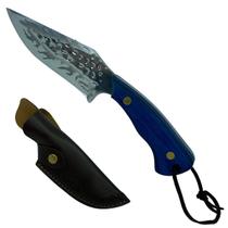 Faca FC-1 22cm artesanal lâmina inox cabo madeira rustico azul + bainha couro para cinta cozinha churrasco caça campo