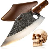 Faca Forjada Inox com Acabamento Martelado, Furo Ergonômico e Bainha de Couro Churrasco, Açougue e