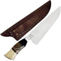 Faca Larga Picanheira 10' Inox Artesanal Churrasco Cabo Misto Trabalhado Madeira Osso Resina