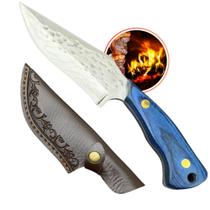 Faca Luxo Cozinha Açougueiro 21cm Cabo Azul em Madeira Lâmina Desenhada Bainha de Couro FC1