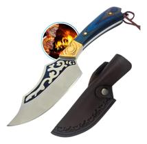 Faca Luxuosa Artesanal Inox 21cm com Cabo de Madeira Preto e Azul Bainha de Couro MD13AZUL