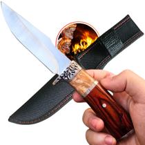 Faca Luxuosa Profissional Lamina Aço Inox Full Tang Bainha Cabo Madeira Ricamente Trabalhado A mão