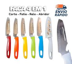Faca Multiuso em Inox 4 em 1 Cabo Colorido 22cm Funções Ralador Corte Abridor Garrafa Fatiador Faca Multiuso em Inox 4 em 1 Cabo Colorido 22cm Funções Ralador Corte Abridor Garrafa Fatiador