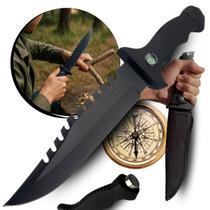 Faca Preta com Lâmina Dentada, Bússola no Cabo e Bainha Tática