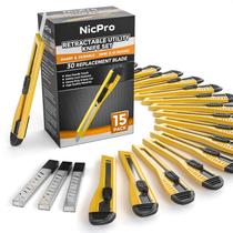 Faca utilitária Nicpro, navalha retrátil de 9 mm com 30 lâminas, 15 unidades