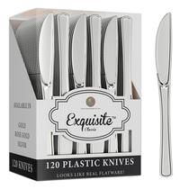 Facas requintadas de plástico prateado Heavy Duty 120 peças de talheres de plástico prateado Conjunto de talheres descartáveis pesados Facas descartáveis Conjuntos de utensílios para comer Conjunto de talheres para festas e eventos