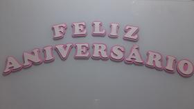 Faixa Aplique Decorativo em EVA Feliz Aniversário Rosa e Branco Brilho