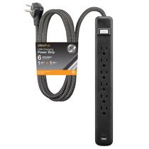 Faixa de alimentação GE de 6 tomadas com 1 USB-A, 1 USB-C de 6 pés Cabo preto