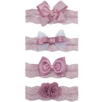 Faixa de Cabelo para Bebê Renda Rosê Kit 4 Peças