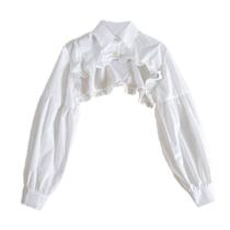 Falso colar de manga longa de manga longa lapel dickey meia camisa ruffle blusa cropped - Branco